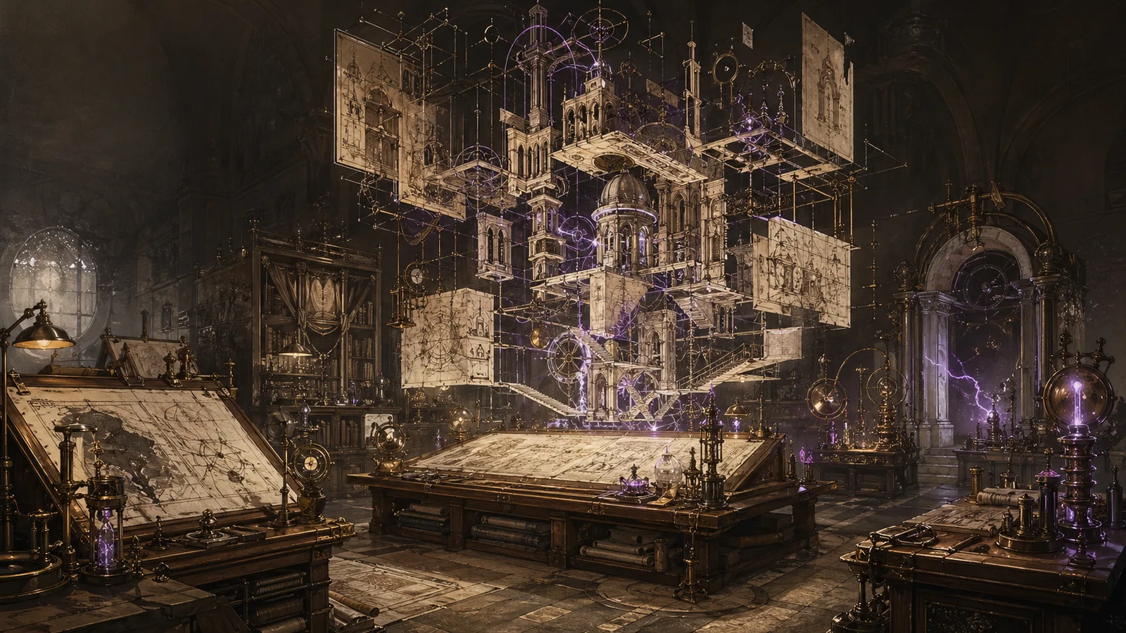 Arkham drafting hall with an impossible architectural system being stabilized.