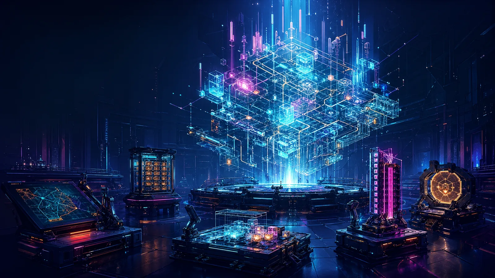 Cyberpunk foundry with a luminous grand program under construction.