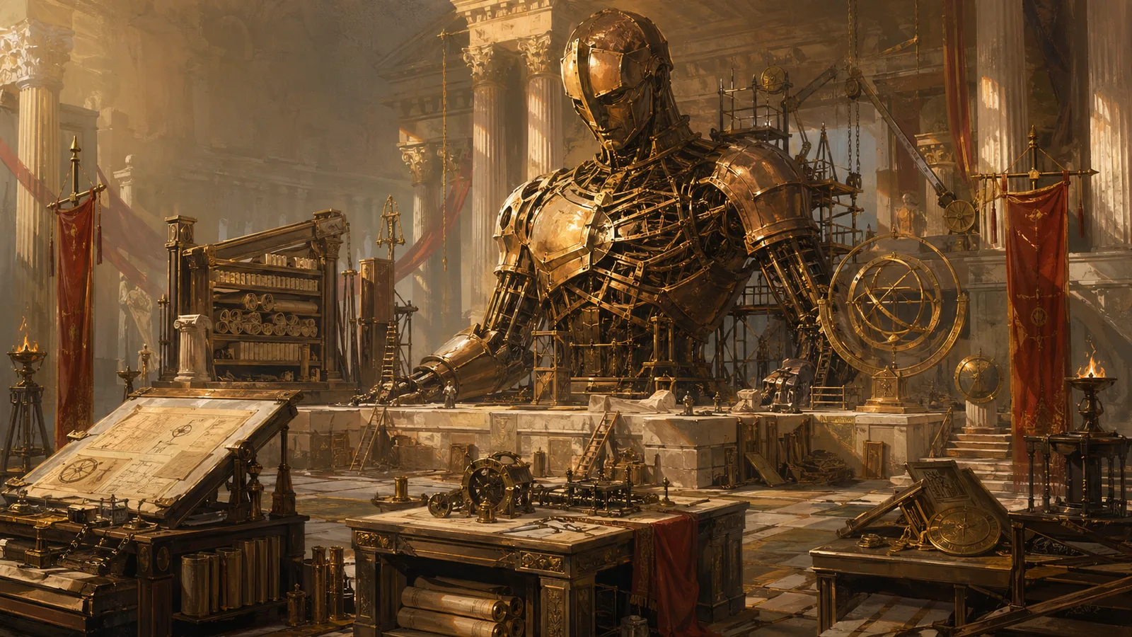 Greek workshop with a monumental bronze titan-scale project under construction.