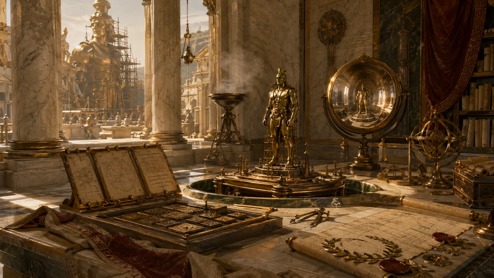 Greek proving chamber with a bronze project model, tablets, and measuring instruments.